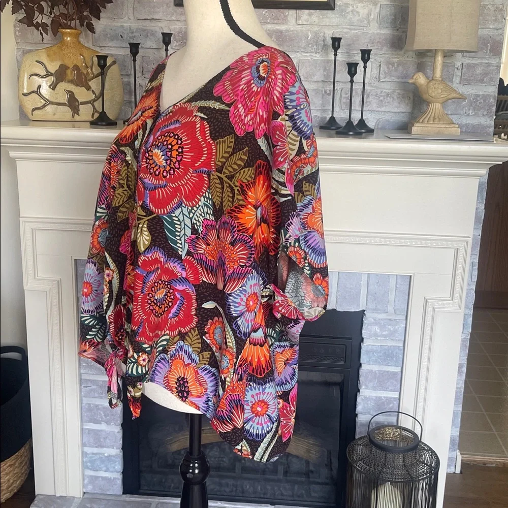 Torrid Tie-Front Capped Sleeve Multicolored Floral Print Button Up Blouse Size3X - Picture 6 of 14